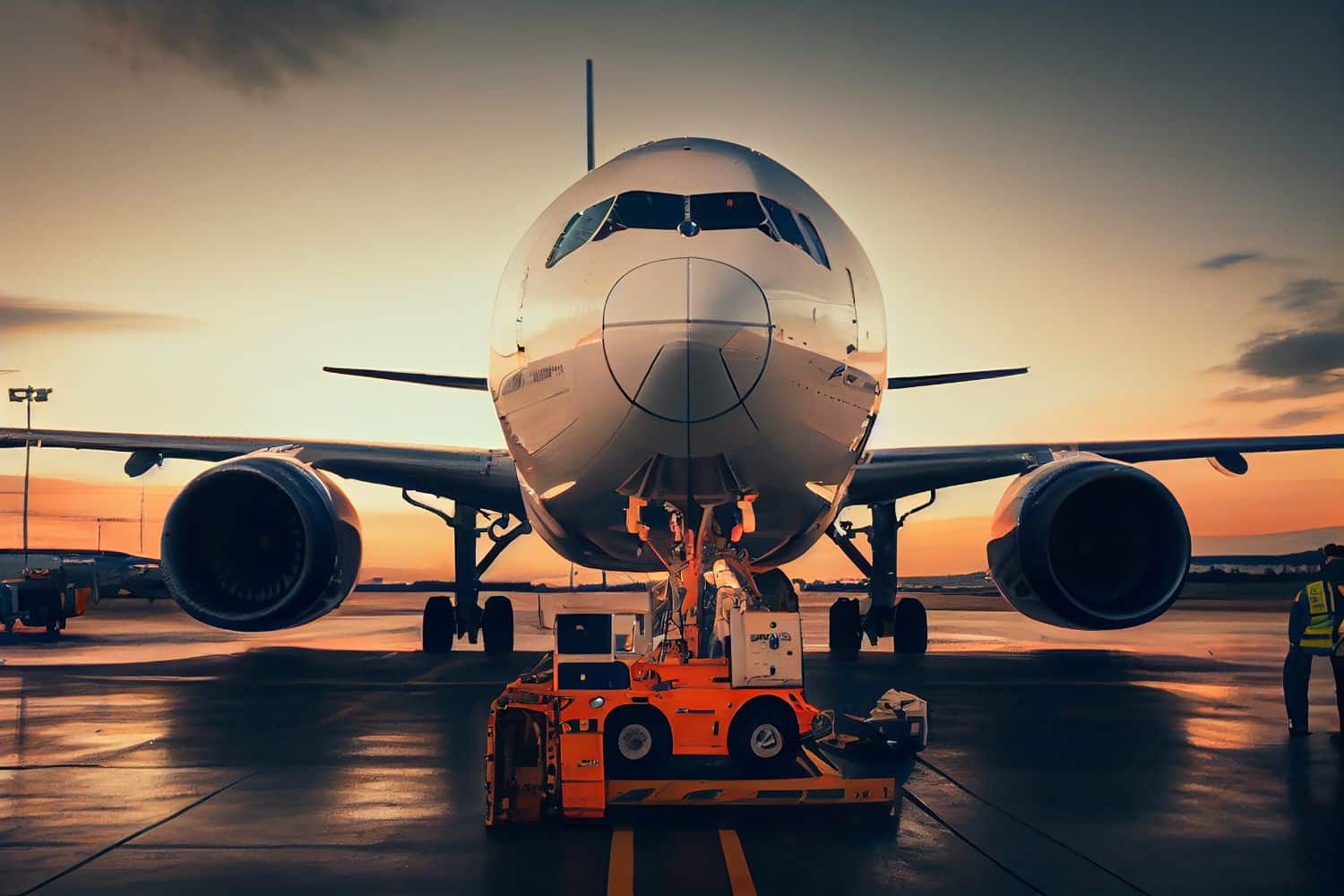 Front view of a large commercial airplane on a runway during sunset, with ground support equipment and an airport worker nearby, highlighting the essential role of Air Cargo operations.