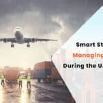 A cargo plane lands in heavy rain near shipping containers and workers in safety vests. Text reads: Smart Strategies for Managing Shipments During the UAE Monsoon. KGRN Shipping Services logo and website are visible.