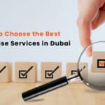 Checkboxes and magnifying glass for choosing warehouse services in Dubai.