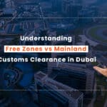 Dubai Free Zones vs Mainland Customs Clearance guide. Man points to Dubai cityscape. KGRN Shipping Services.
