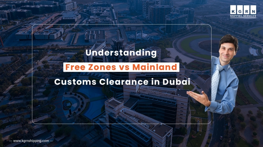 Dubai Free Zones vs Mainland Customs Clearance guide. Man points to Dubai cityscape. KGRN Shipping Services.