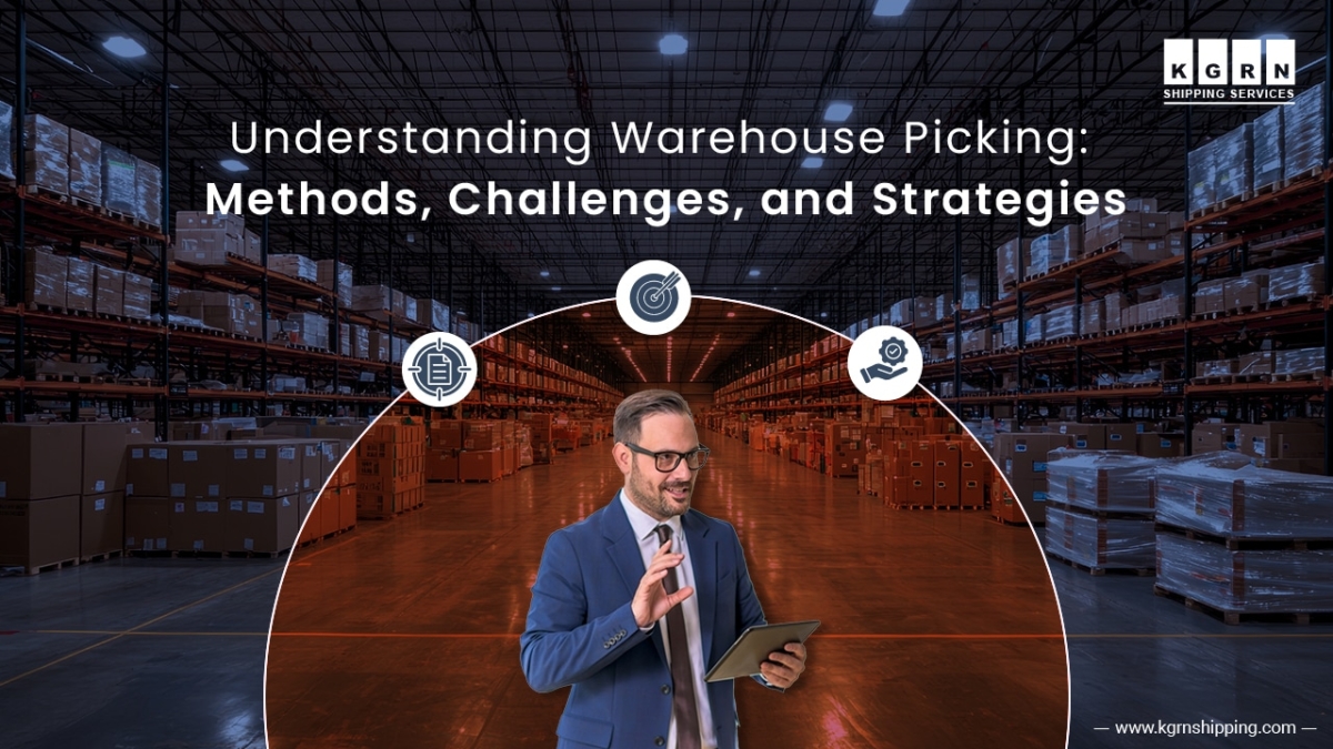 A man with glasses and a tablet stands in a large, well lit warehouse. Text reads, Understanding Warehouse Picking Methods: Challenges and Strategies. Icons and shelving units fill the background.