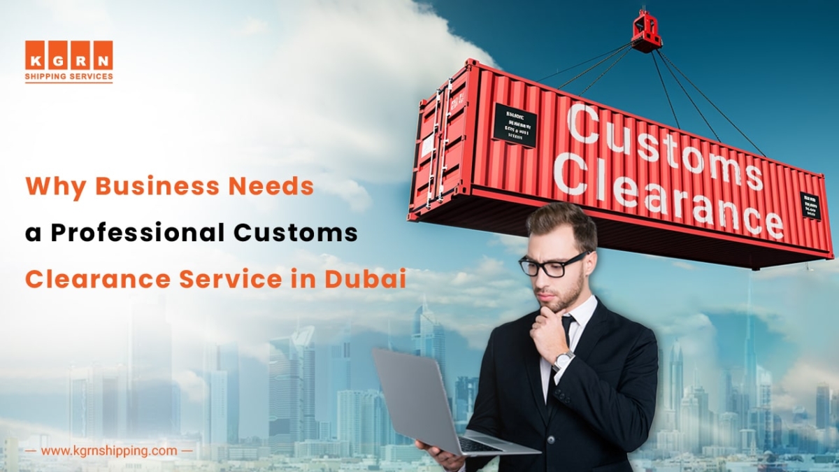 Dubai customs clearance service. Man with laptop, shipping container. Professional business import/export.