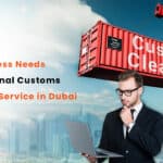 Dubai customs clearance service. Man with laptop, shipping container. Professional business import/export.