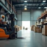 Worker operating a forklift in a large warehouse with numerous stacked cardboard boxes on pallets.