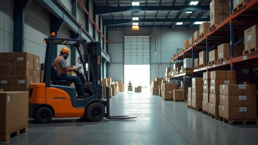 Worker operating a forklift in a large warehouse with numerous stacked cardboard boxes on pallets.