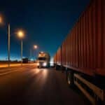 A white semi-truck drives down a street at night, passing another large red shipping container truck under streetlights, showcasing the efficiency of Roadway Shipping in Dubai.