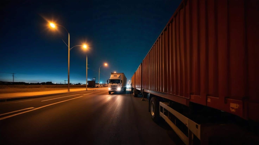 A white semi-truck drives down a street at night, passing another large red shipping container truck under streetlights, showcasing the efficiency of Roadway Shipping in Dubai.