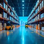 Spacious warehousing Dubai facility featuring tall shelves stacked with boxes and two yellow forklifts moving efficiently along wide, well-lit aisles.